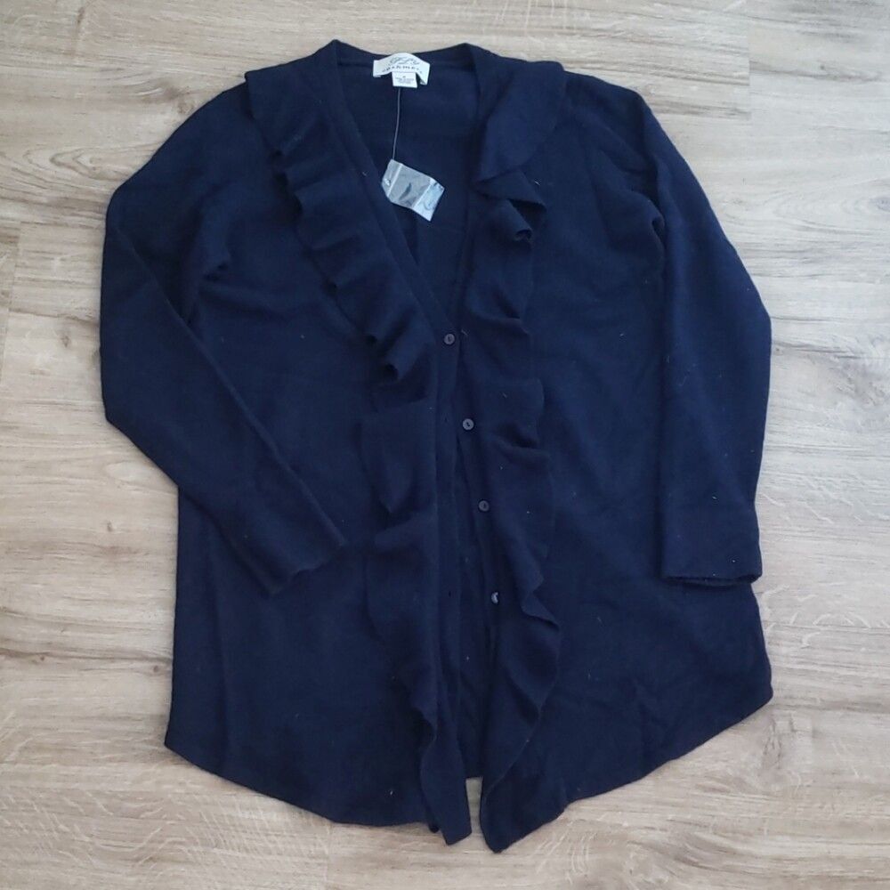 NEW Ply Cashmere Navy Ruffle Trim 100% Cashmere Long Cardigan Size Medium